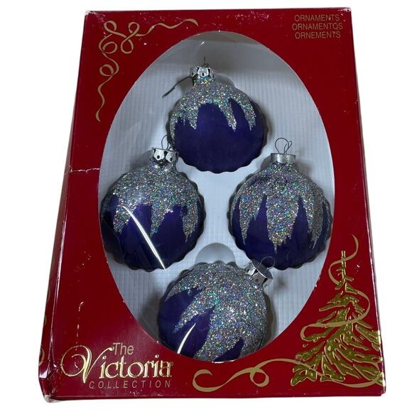 The Victoria Collection Vintage Purple Glitter Christmast Ornament Set of 4 EUC - Picture 1 of 5